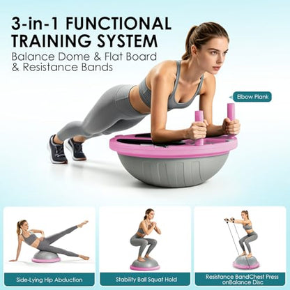 Half Balance Ball Trainer - Balance Ball Trainer with Resistance Bands and Foot Pump,Stability Ball for Exercise, Full-Body Workouts, Home Gym - color: pink