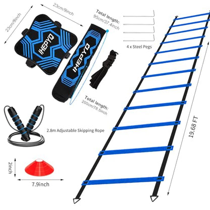 Soccer Agility Training Equipment Set, 12 Rung 20Ft Agility Ladder, 12 Disc Cones, 4 Steel Stakes, Solo Soccer Trainer, Jump Rope - Speed Training Equipment for Soccer Football Basketball