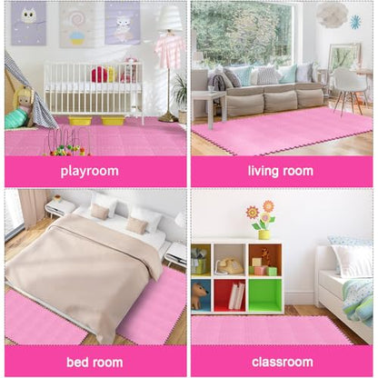 Foam Floor Tiles Foam Floor Mats Play Mats Bulk with Borders Interlocking for Bedroom Gym Nursery(11.8 x 11.8 Inch,Light Pink)