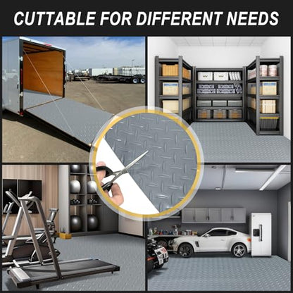 4x6FT Garage Floor Mat, 2.8mm Thickened Flooring Roll for Under Car, Golf Cart Parking Mat, Diamond Plate PVC Rubber Motorcycle Mat, Non-Slip Floor Protector for Garage Warehouse Trailer, Grey