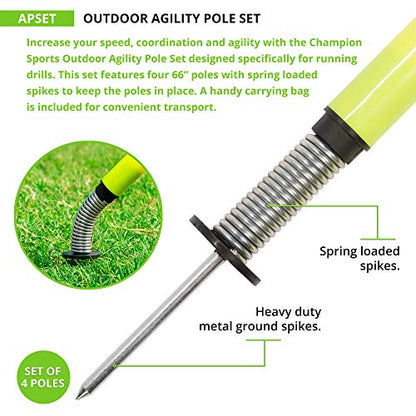 Champion Sports Outdoor Sports Agility Pole Set, 4 Rubber Bases with 12 PVC Poles, 66 Inches, Yellow