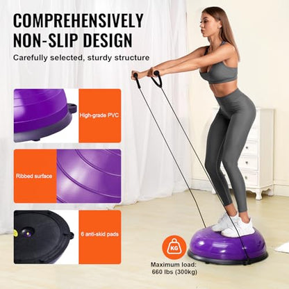 VEVOR Half Exercise Ball Trainer, 23/26 inch Balance Ball Trainer, 1500lbs Capacity Stability Ball, Yoga Ball with Resistance Bands & Foot Pump, Strength Fitness Ball for Home Gym Full Body Workout - color: 23" Ripple Purple