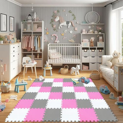 qqpp EVA Rubber 18 Tiles Interlocking Puzzle Foam Floor Mats - Baby Play Mat for Playing | Exercise Mat for Home Workout. White, Pink, Gray. QC-ACLb18N