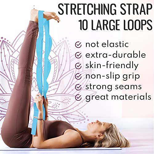 Stretching Strap with 10 Loops for Physical Therapy & Rehab | Non-Elastic Yoga Stretch Band for Hamstring, Leg, Hip & Knee Rehab, Pilates, Flexibility & Mobility Exercises for Men & Women