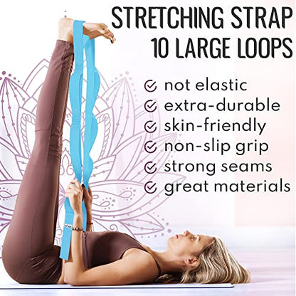 Stretching Strap with 10 Loops – Non-Elastic Yoga Strap for Physical Therapy – Stretch Band for Hamstring, Leg, Hip & Knee Rehab – Pilates, Flexibility & Mobility Exercise for Men & Women