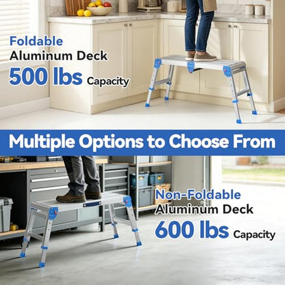 Work Platform 500 Lbs, Folding Step Stool with One-Touch Automatic Fold, 4 Height Adjustment Step Platform, Perfect for RV Cleaning, Home Painting and Reaching High Places, Larger, Blue