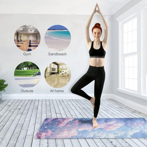 Kigai Travel Yoga Mat 71" x 24" Non Slip Natural Rubber Foldable Exercise Mat Ultra Thin 1.5mm Lightweight for Fitness, Pilates & Home Workout, Colorful Clouds