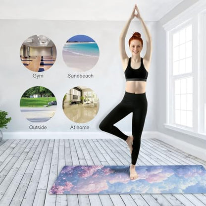 Kigai Travel Yoga Mat 71" x 24" Non Slip Natural Rubber Foldable Exercise Mat Ultra Thin 1.5mm Lightweight for Fitness, Pilates & Home Workout, Colorful Clouds