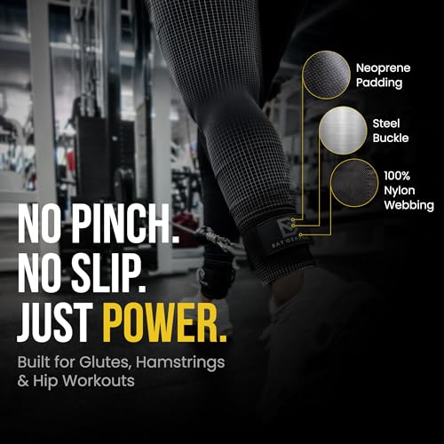 Bay Gear Co. Ankle Straps – Strong Hook and Loop System & Neoprene Padded for Cable Machine Glute Workouts, Slick Black Stainless Steel D Ring, Adjustable Fit, Different Design, Single/Pair.