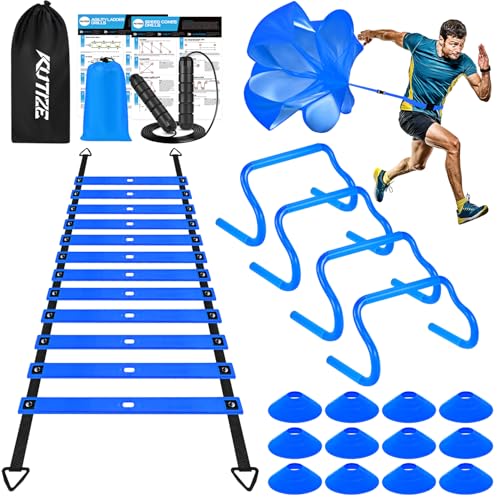 Agility Training Equipment, Soccer Training Equipment, Agility Speed Training Set for Kid Youth Adult, 20FT Agility Ladder, 4 Hurdles,12 Soccer Cones, Jump Rope, Running Parachute, Drill Charts