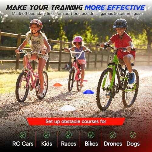 Pro Disc Cones (Set of 50) - Agility Soccer Cones with Carry Bag and Holder for Sports Training, Football, Basketball, Coaching, Practice Equipment, Kids - Includes 15 Best Cone Drills Book