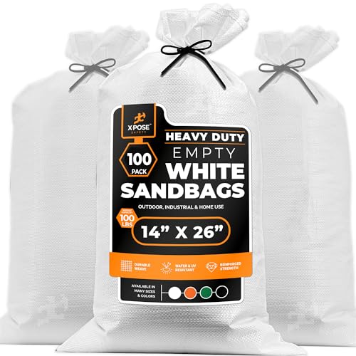 Xpose Safety Heavy Duty Sand Bags with Tie Strings – Empty Woven Polypropylene Sandbags for Hurricane Flood Protection, 100 lb Capacity, 14" x 26", White, Pack of 100 - color: White, size: 100 Sandbags