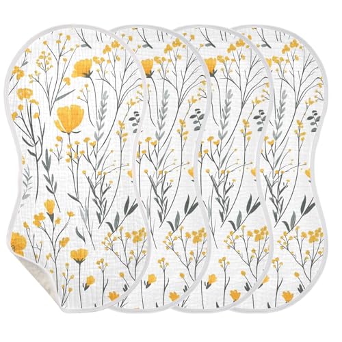 Yellow Flowers Muslin Burp Cloths 4 Pack - Extra Large 22"x11", 4-Layer Soft Absorbent Cotton, Waterproof Backing, Baby Drool Rags for Newborn