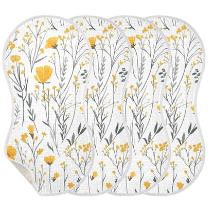 Yellow Flowers Muslin Burp Cloths 4 Pack - Extra Large 22"x11", 4-Layer Soft Absorbent Cotton, Waterproof Backing, Baby Drool Rags for Newborn