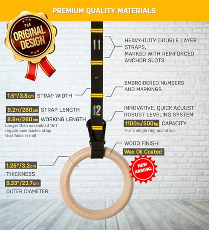 Gymnastics Rings with Quick Adjust Numbered Straps and Exercise Videos Guide - Full Body Gym Rings - Calisthenics Rings Wooden Rings 1.25" (Wax Oil Finish)