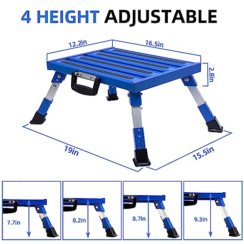 Aluminium RV Steps Adjustable Folding Step Stool with Non-Slip Rubber Feet, Stable Platform, Safety Strips, Handle, Easy Carry, Outdoor Camper Trailer Travel - Blue