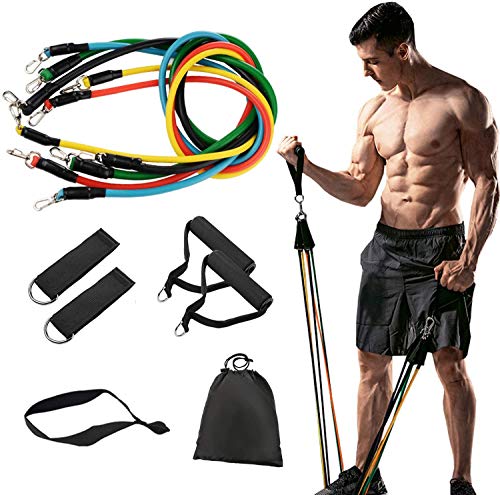 11 Pack Resistance Bands Set,Including 5 Stackable Exercise Bands with Door Anchor,2 Foam Handle,2 Metal Foot Ring & Carrying Case - Home Workouts,Physical Therapy,Gym Training