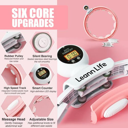 U5 Smart Weighted Hula Hoop with Counter, Waist Trimmer & Wash Bag –16 Knots, 28"–46" Adjustable Infinity Hoop Plus Size, Quiet Rubberized Wheels, Abdominal Toner - color: Pink + Waist Trimmer