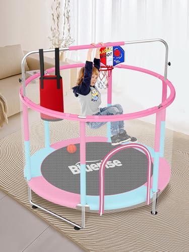 55IN 6FT Toddler Trampoline for Kids Indoor Outdoor Play for Kids Trampoline Basketball Hoop Attachment with Enclosure Net Easy to Assemble