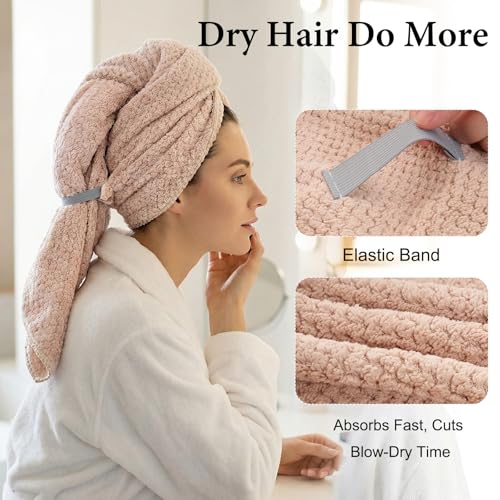 Microfiber Hair Towel Wrap for Women Extra Large Hair Turban Anti-Frizz Hair Drying Towel with Elastic Band for Curly Long Thick for Hair Bath Gym Travel Spa