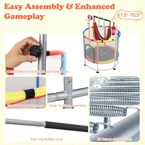 GYMAX 55" Trampoline for Kids, 440LBS 6 in 1 Toddler Rebounder with Swing, Basketball Hoop, Punching Bag, Rings & Bar, No-Gap Jumping Mat Mini Indoor Outdoor Trampoline - color: Red-Navy-Yellow