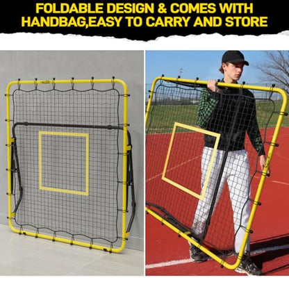 Baseball & Softball Rebounder Net with Carry Bag，7 Angles Adjustable Pitchback for Fly Balls, Grounders & Line Drives,Portable Fielding Trainer，4x4.5FT Bounce Back Net for All Players