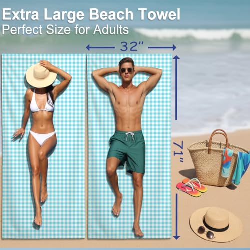 Microfiber Beach Towel Sand Free Quick Dry Oversized Sky Blue White Gingham Pattern Lightweight Travel Pool Towel for Adults 71 x 32 Inches 1 Pcs - color: Tartan