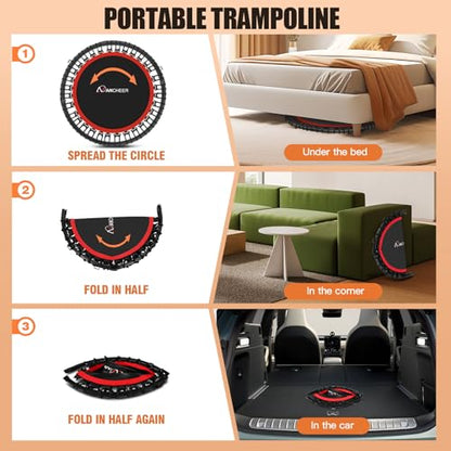 ANCHEER 48" Foldable Rebounder Trampoline for Adults/Kids with Resistance Bands and Bungees, Indoor & Outdoor Mini Trampoline with Bar and Safety Padding - Max Load 450lbs (Deep Red)