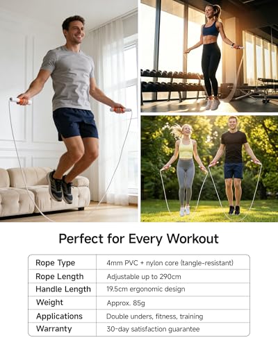 YUEDONG Ergonomic Jump Rope for Adults – Choose 3mm Steel Core (HIIT/Outdoor) or 4mm Nylon Core (Speed/Double Unders), Non-Slip 7.7” Handle, Quick Adjust Length for Home Gym Crossfit Cardio with Carry Bag