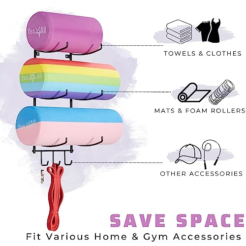 Yes4All 3-Tier and 5-Tier Steel Yoga Mat Rack Organizer Wall Mount with 3 Hooks, Foam Roller Holder Wall Mount Rack For Yoga Mat Storage, Hanging Yoga Strap and Resistance Bands