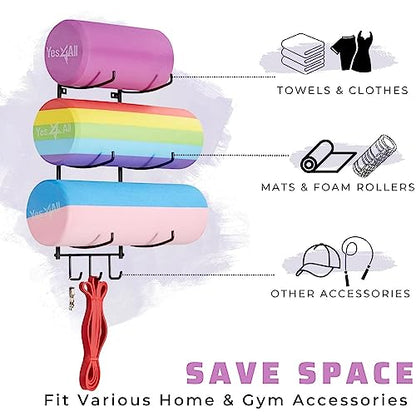 Yes4All 3-Tier and 5-Tier Steel Yoga Mat Rack Organizer Wall Mount with 3 Hooks, Foam Roller Holder Wall Mount Rack For Yoga Mat Storage, Hanging Yoga Strap and Resistance Bands