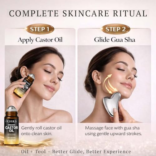 Organic Castor Oil Roll On & Stainless Steel Gua Sha Facial Tool – Metal Face Sculpting Tool, Cooling Gua Sha Oil Massage Set, Jawline Lift, Puffiness Care, Facial Oil Roller for Skin Routine - size: 1 Fl Oz (Pack of 1)