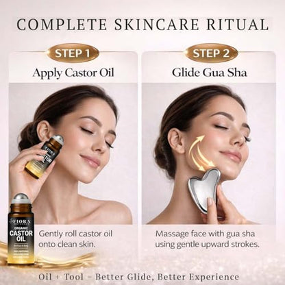 Organic Castor Oil Roll On & Stainless Steel Gua Sha Facial Tool – Metal Face Sculpting Tool, Cooling Gua Sha Oil Massage Set, Jawline Lift, Puffiness Care, Facial Oil Roller for Skin Routine - size: 1 Fl Oz (Pack of 1)