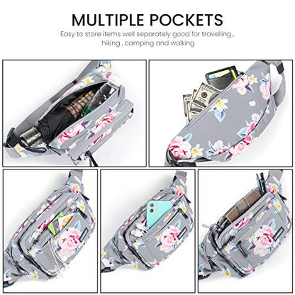 CXWMZY Fanny Packs For Women & Men Waist Pack Hip Bum Bag with Multi-Pockets Large Capacity Waterproof , for Disney Traveling Casual Cycling Running Hiking - color: Gray Flower