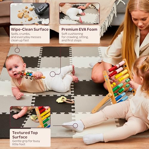 Foam Play Mat for Floor - 36 Interlocking Tiles 71x71 in, 0.6" Thick Puzzle Mat for Baby, Toddler & Home Gym, Cross-Texture EVA Foam, Edge Borders Included, Black White Gray