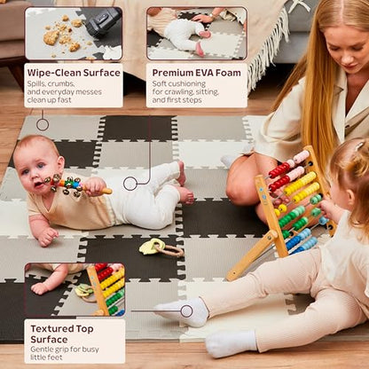 Foam Play Mat for Floor - 36 Interlocking Tiles 71x71 in, 0.6" Thick Puzzle Mat for Baby, Toddler & Home Gym, Cross-Texture EVA Foam, Edge Borders Included, Black White Gray