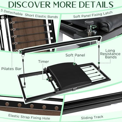 Pilates Board, Foldable Pilates Reformer Set, Multi-Purpose Iron Extended Pilate Equipment, 7-in-1 Pilate Machines for Home Use, with Pilates Bar, Resistance Bands