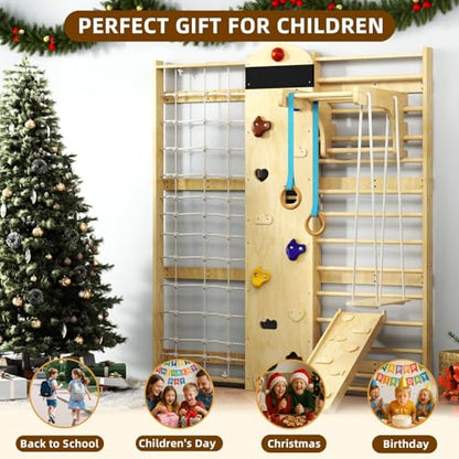 Indoor Climbing Wall, 10-in-1 Swedish Ladder, Indoor Playground for Kids and Adults, Rock Climbing Wall, Wooden Swing Sets, Gymnastic Rings, Wall Ladder, Rope Ladders, Stretching Balanced
