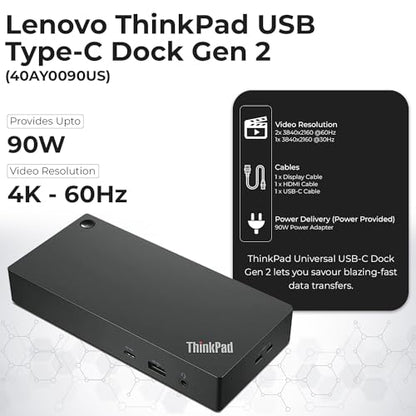 40AY0090US Lenovo Thinkpad Docking Station Dual Monitor - Supports 4K Display, Thinkpad Dock with 90W Adapter, HDMI, DisplayPort, USB C Cables & Cloth - Lenovo Docking Station