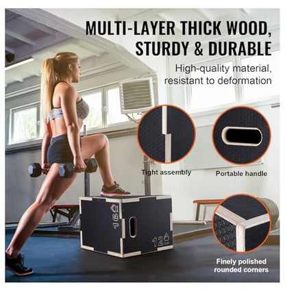 Plyometric Jump Box, 3-in-1 Wooden Plyo Box 16/14/12 Inch, Agility Platform, Step Up Box for Gym, Strength & Conditioning, Home Fitness, Black