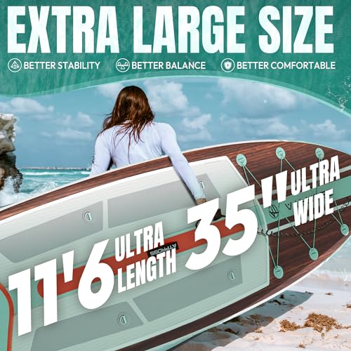 11'6"x35" Inflatable Paddle Board, 450lbs Extra Wide Stand Up Paddleboard for Adults with Premium SUP Accessories Kit & Backpack, Blow Up Kayak Non-Slip Stable Deck Boat for Yoga Fishing Surf - style: Wooden/ kayak seat