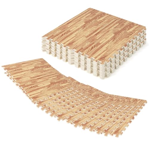 Giantex 100 Sq. Ft Wood Grain Floor Tiles Foam Mat, 25 PCS 24'' x 24'' Puzzle Exercise Mats with Borders, 2/5-Inch Thick Protective Flooring EVA Interlocking Foam Floor Tiles for Playroom Apartment