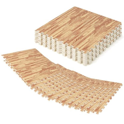 Giantex 100 Sq. Ft Wood Grain Floor Tiles Foam Mat, 25 PCS 24'' x 24'' Puzzle Exercise Mats with Borders, 2/5-Inch Thick Protective Flooring EVA Interlocking Foam Floor Tiles for Playroom Apartment