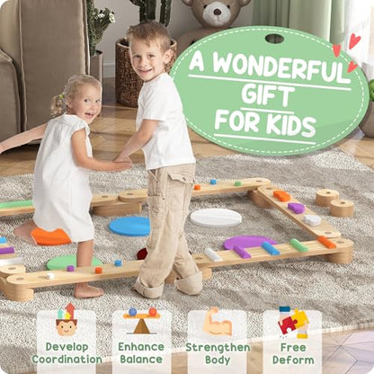 Qaba Kids Balance Beam, Wooden Balance Board with Stepping Stones, Gymnastics Obstacle Course for Toddlers 3-8 Years for Motor Skills Coordination, Indoor Outdoor Use