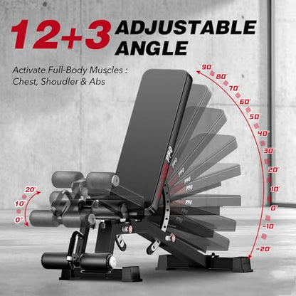 Adjustable Weight Bench, Commercial Grade 1200LB Workout Bench Press Set for Home Gym Strength Training Exercise, Incline Bench with 12+3 Adjustable Backrest&Seat Positions for Full Body Fitness - color: BLACK