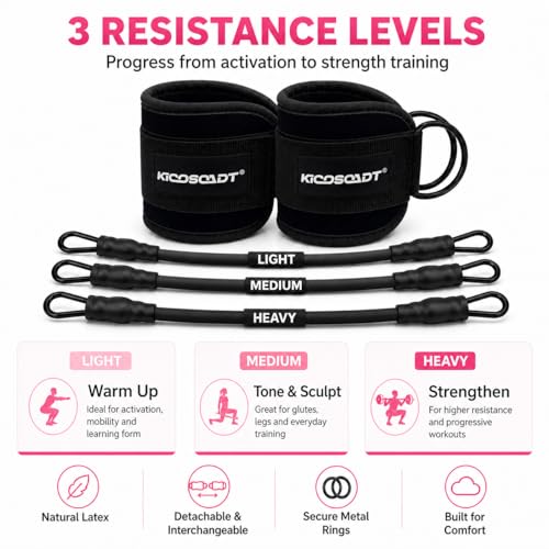 Ankle Resistance Bands with Cuffs, Natural Latex Tubes, 3 Levels for Leg and Glute Workouts, Padded Ankle Straps for Kickbacks, Hip Training and Home Gym Exercise for Women