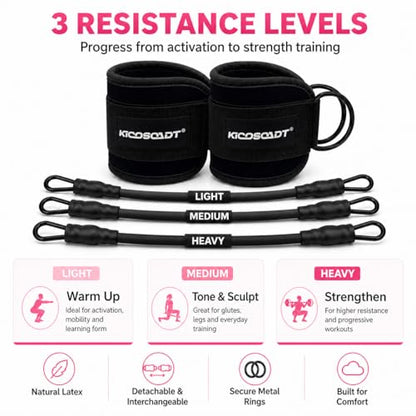 Ankle Resistance Bands with Cuffs, Natural Latex Tubes, 3 Levels for Leg and Glute Workouts, Padded Ankle Straps for Kickbacks, Hip Training and Home Gym Exercise for Women