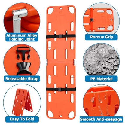 Spine Board for Water Rescue, Foldable Spine Board Stretcher Backboard with 2 Adjustable Straps, Lightweight PE Rescue Spine Boards for Patient Transport