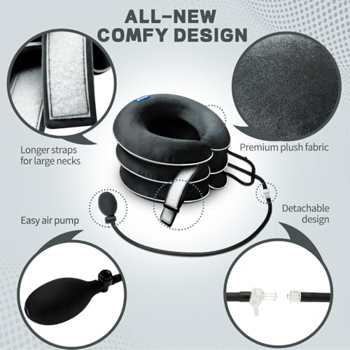 Cervical Neck Traction Device for Neck Pain Relief - Inflatable Neck Stretcher Collar for Decompression - Best Home Use Neck Brace Pump (Black Plush) - color: P. Black