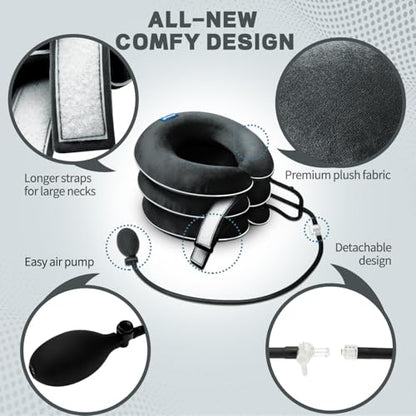 Cervical Neck Traction Device for Neck Pain Relief - Inflatable Neck Stretcher Collar for Decompression - Best Home Use Neck Brace Pump (Black Plush) - color: P. Black